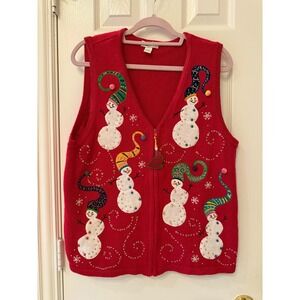 Kim Rogers Womens L Christmas Snowman Vest Red‎ Sleeveless Embellished Holiday